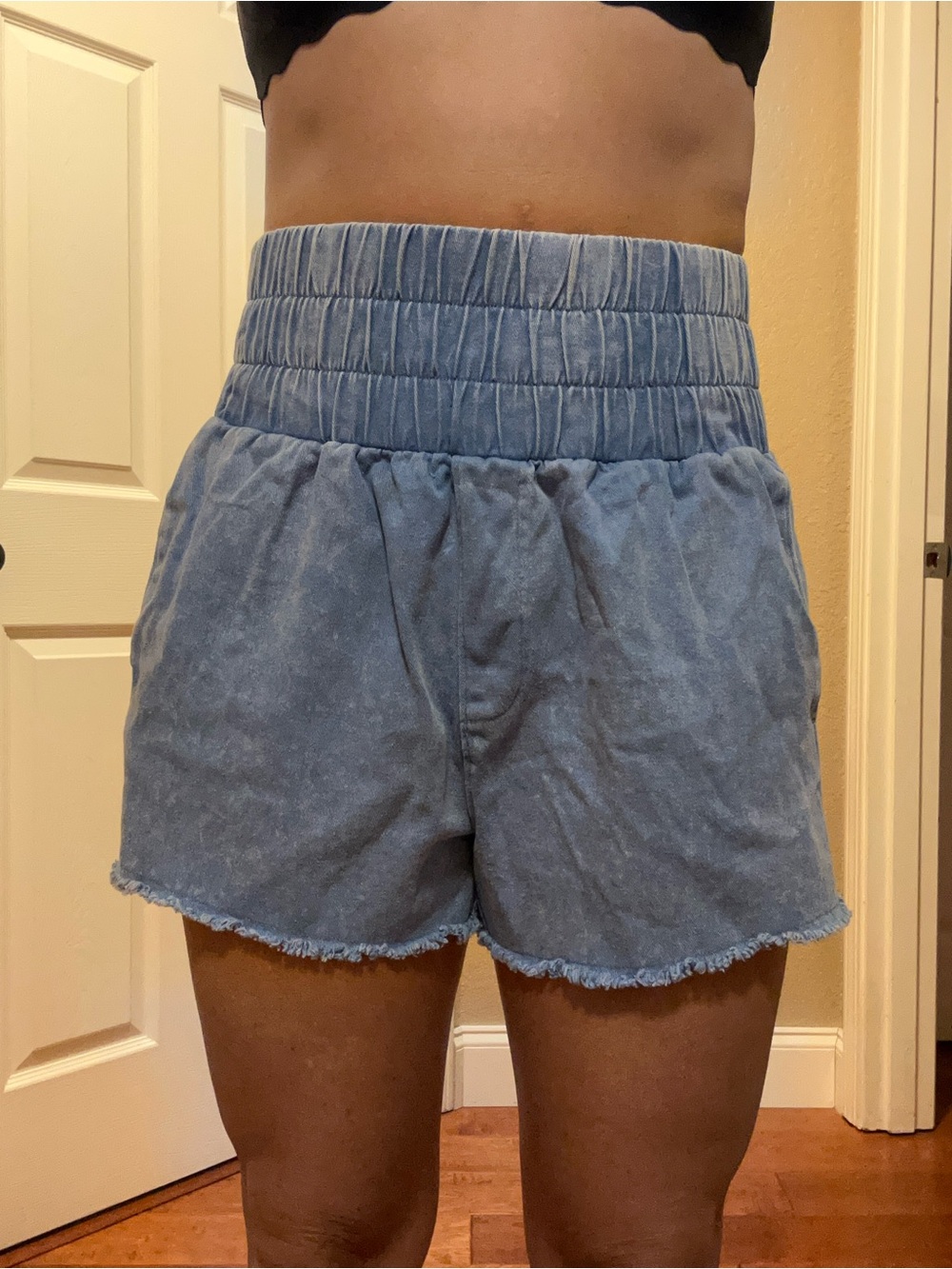 High-Waist Elastic Lounge Shorts in Light Denim Blue